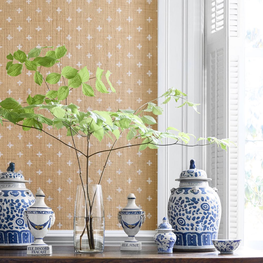 Thibaut Bethany Raffia Wallpaper in Green on Off White